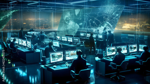 A team of cybersecurity experts in a control room  analyzing data on multiple screens. Generative ai.