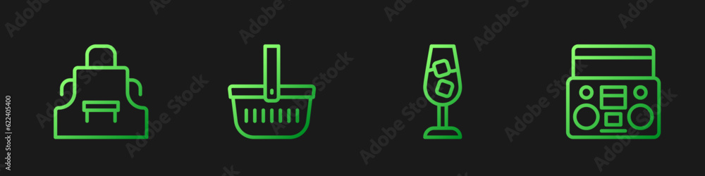 Fototapeta premium Set line Wine glass, Kitchen apron, Picnic basket and Home stereo with two speakers. Gradient color icons. Vector