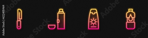 Set line Sunscreen cream in tube, Knife, Thermos container and Bottle of water. Glowing neon icon. Vector