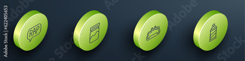 Set Isometric line Rap music, Plastic bag of drug, Brass knuckles and Paint spray can icon. Vector