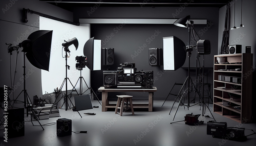 Modern professional photo studio interior with photograph equipment. Horizontal indoor background with copy space Ai generated image