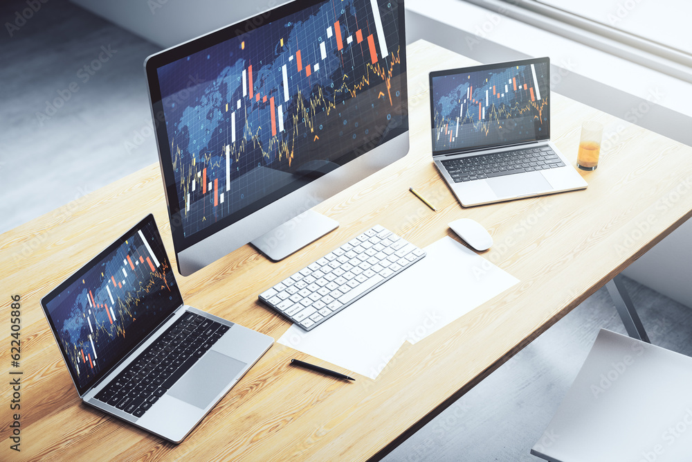 Modern computer display with abstract financial graph with world map, financial and trading concept. 3D Rendering Modern computer display with abstract financial graph with world map, financial and trading concept. 3D Rendering