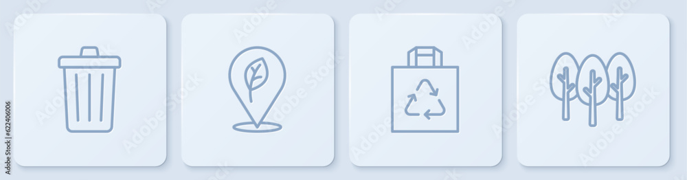 Set line Trash can, Shopping bag with recycle, Location leaf and Tree. White square button. Vector