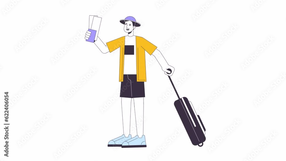 Traveler with airline tickets carrying baggage line cartoon animation. Going on vacation 4K video motion graphic. Airport travelling 2D linear animated character isolated on white background Traveler with airline tickets carrying baggage line cartoon animation. Going on vacation 4K video motion graphic. Airport travelling 2D linear animated character isolated on white background