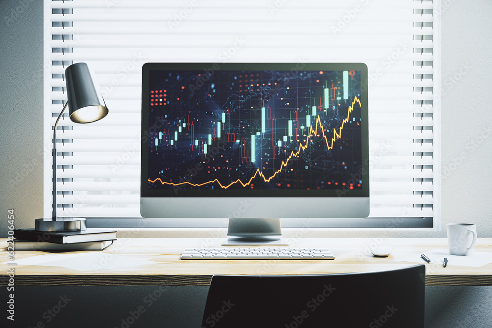 Modern computer screen with abstract creative financial chart, research and analytics concept. 3D Rendering Modern computer screen with abstract creative financial chart, research and analytics concept. 3D Rendering