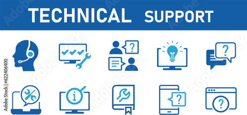 IT support vector illustration. Blue concept with icons related to IT helpdesk, hotline or helpline, remote or online tech support, technical assistance, specialist software support.