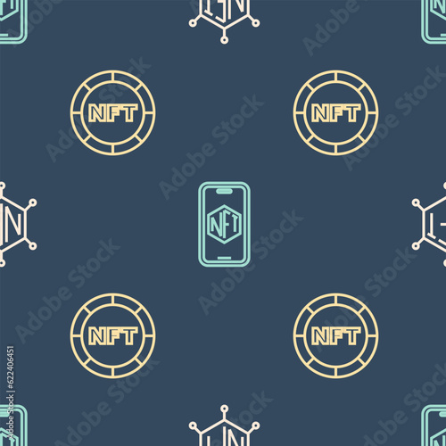 Set line NFT blockchain technology, Digital crypto art and Mobile with store app on seamless pattern. Vector