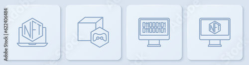 Set line Laptop with art store app, Binary code, NFT Digital crypto and Monitor. White square button. Vector