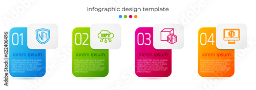 Set line NFT shield, cloud, Digital crypto art and Monitor with store app. Business infographic template. Vector