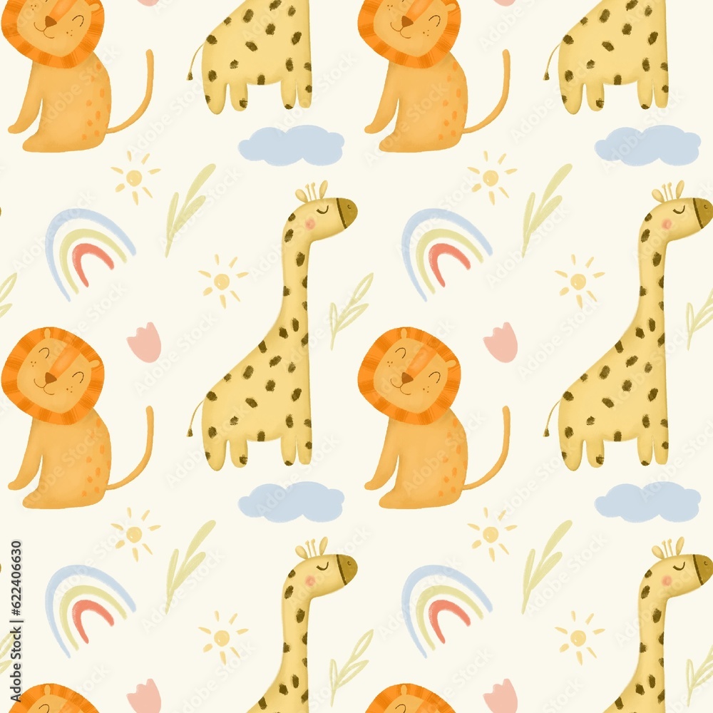 seamless pattern with African animals, pattern with a lion and a giraffe on a yellow background seamless pattern with African animals, pattern with a lion and a giraffe on a yellow background