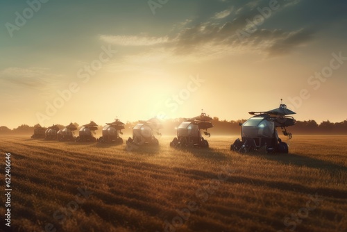 Group of agricultural robots working in a sun-drenched field. Generative AI