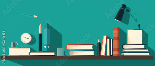 back to school concept: flat illustration of books with lamp and crayons on a green background with copy space