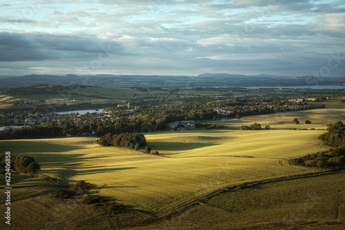 Morning view of a rural Scottish landscape and town with a castle. Linlithgow. Scotland