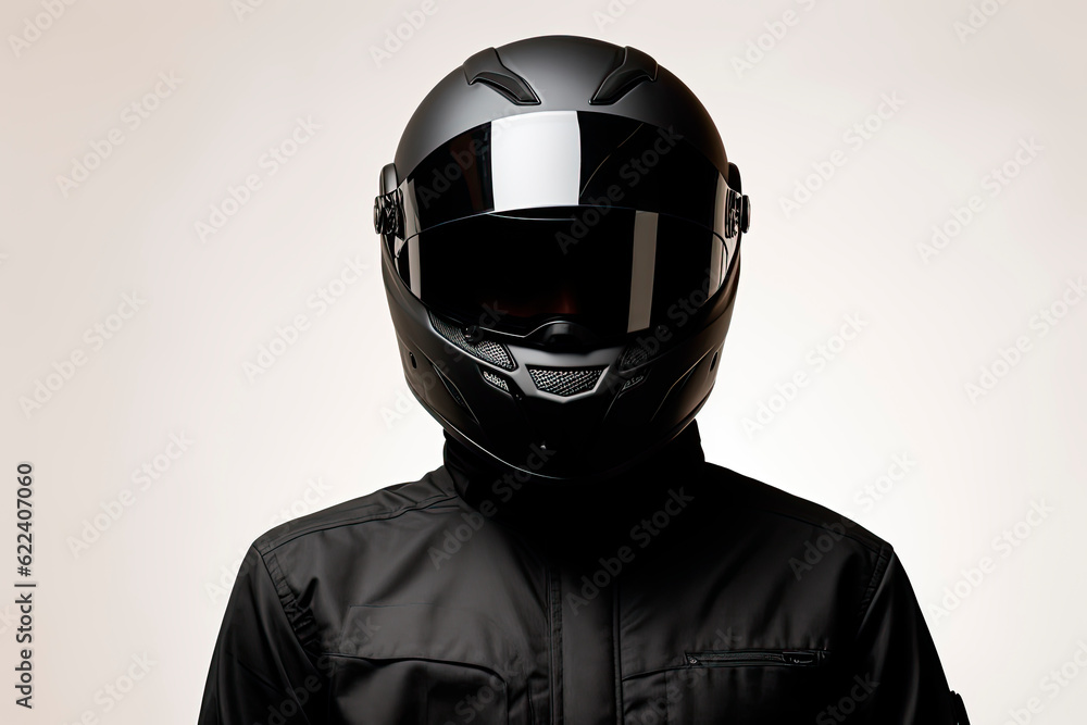 a motorcycle rider posing with a black helmet on a white background