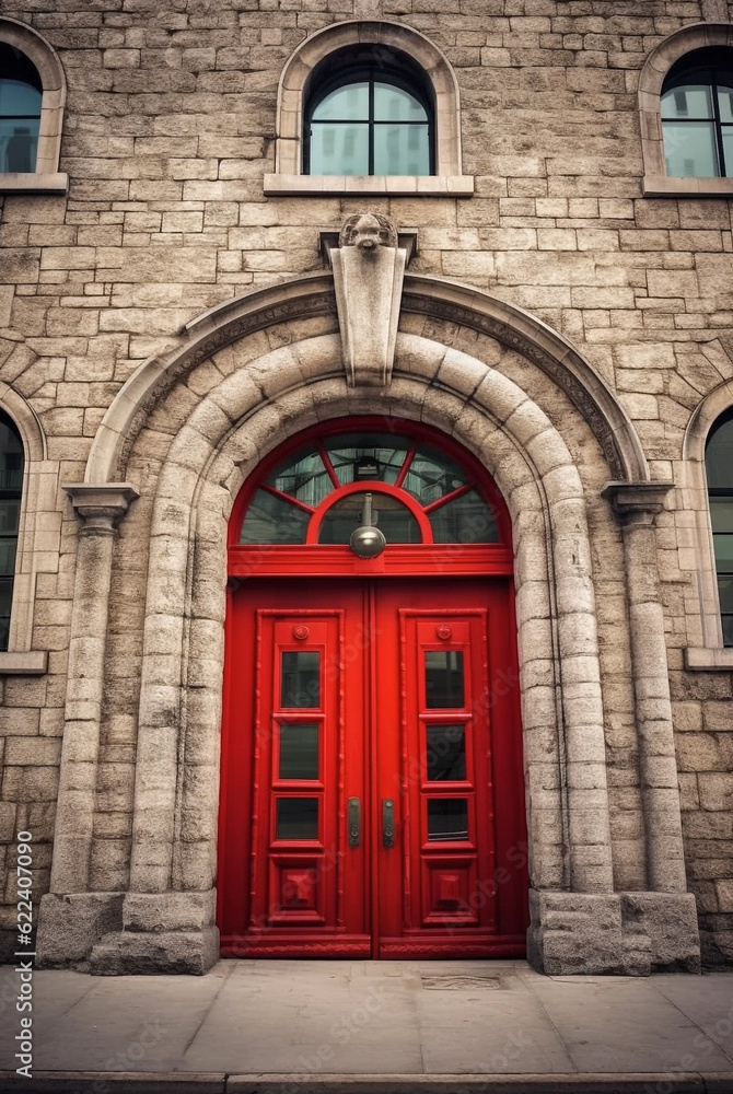 Obraz premium Red ancient old door of gothic cathedral. Generative ai