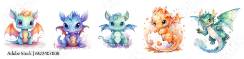 Сute watercolor colorful dragons set, isolated on white. Generative AI