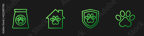 Set line Animal health insurance, Bag of food for pet, Pet house and Paw print. Gradient color icons. Vector