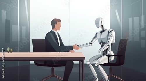 Man human sitting with robot behind the table, shaking hands, on job interview or negotiations with artificial intelligence. Cooperation, collaboration or partnership between human and robot concept.