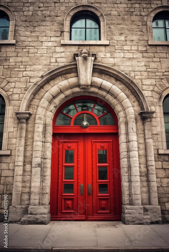 Red ancient old door of gothic cathedral. Generative ai