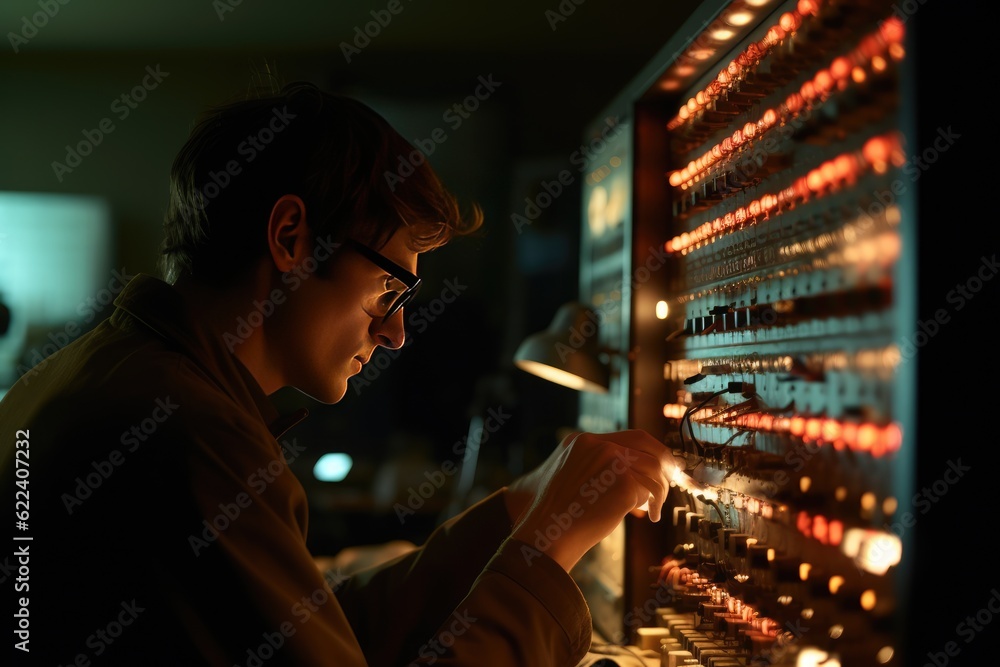 Technician working on a complex array of electronic components. Generative AI Technician working on a complex array of electronic components. Generative AI
