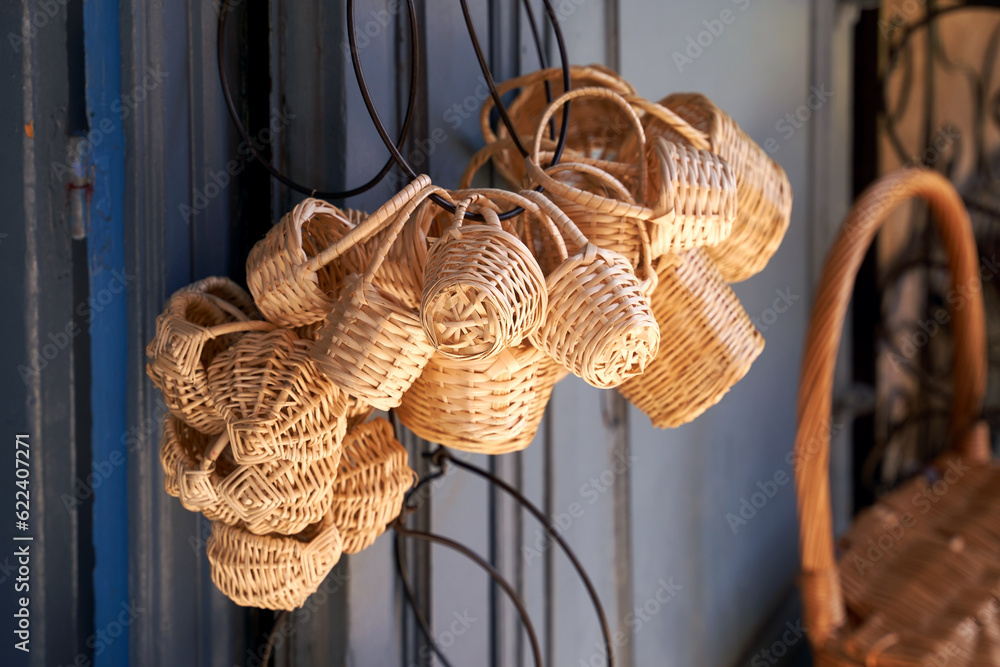 Small traditional souvenir wicker baskets on sale in Nice, France