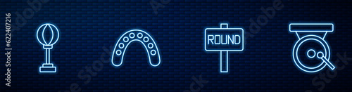 Set line Boxing ring board, Punching bag, Mouth guard boxer and gong. Glowing neon icon on brick wall. Vector