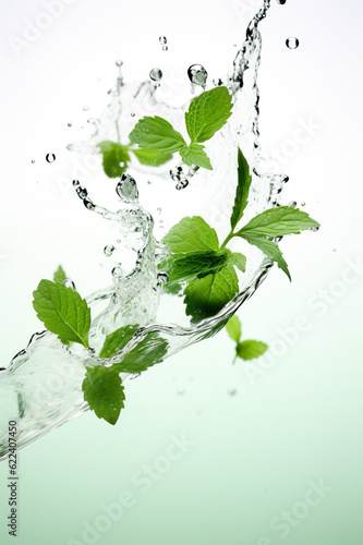 A splash of water with green leaves coming out of it. Generative AI. Green mint leaves and refreshing citrus taste.