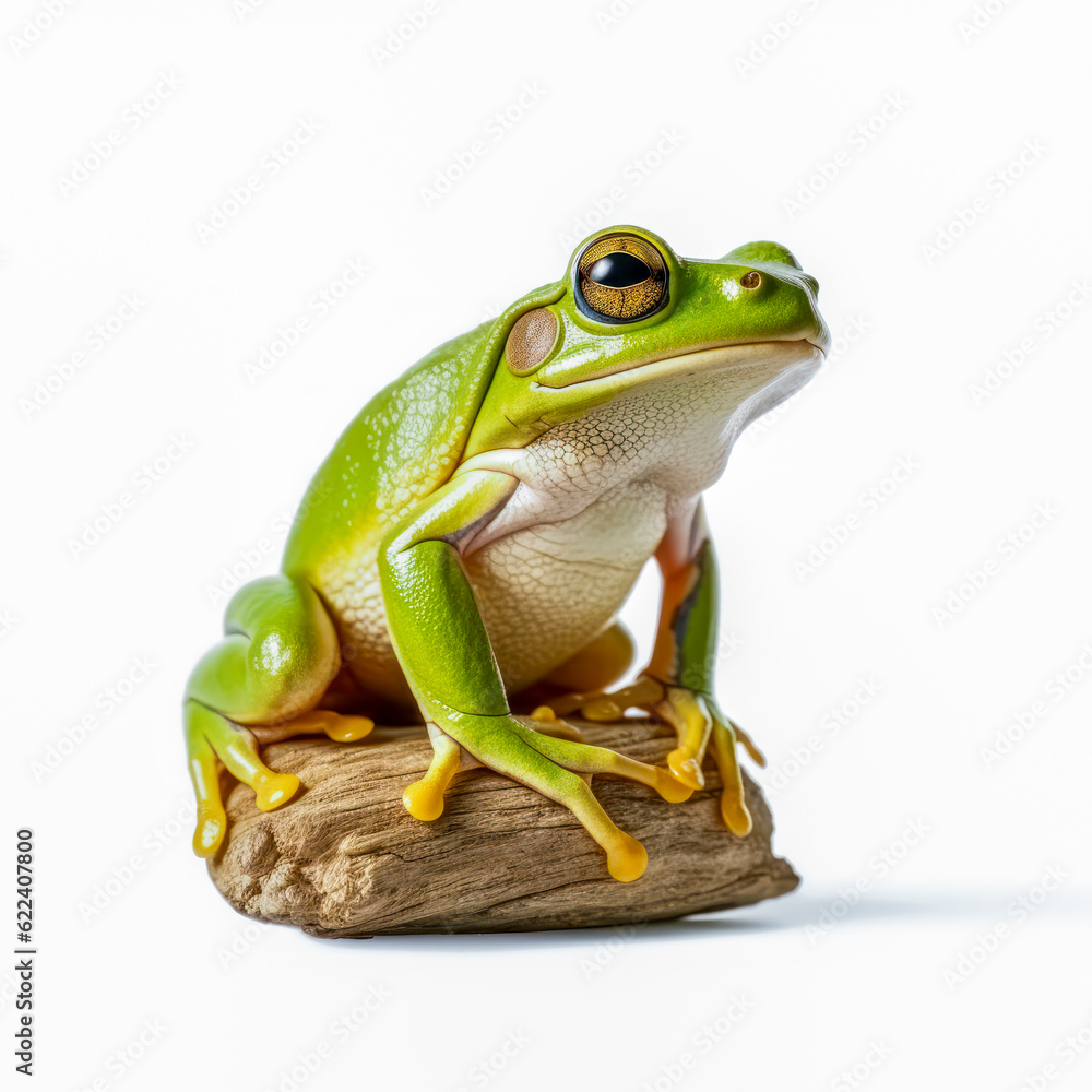 Fototapeta premium Europäischer grüner Laubfrosch ( Hyla arborea), weißer Hintergrund, Generative AI