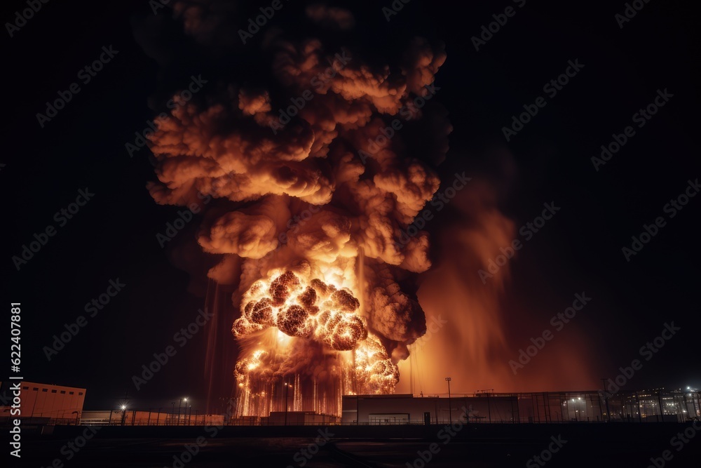 View of Big explosion and fire on power plant. Generative AI