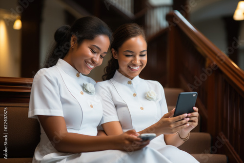 Two young hotel maids relax checking mobile at break. Generative AI.