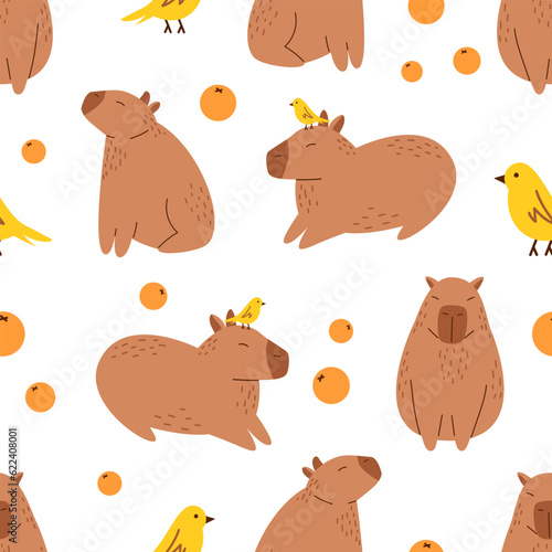 Vector seamless pattern with funny capybaras, mandarins and birds. Background with amusing capibaras. Cute capybaras relaxing with mandarin oranges. South American adorable animal pattern.