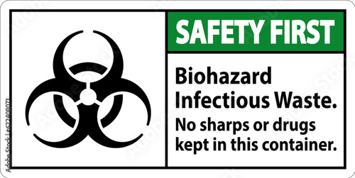 Safety First Label Biohazard Infectious Waste, No Sharps Or Drugs Kept In This Container