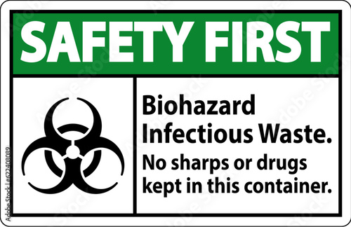 Safety First Label Biohazard Infectious Waste, No Sharps Or Drugs Kept In This Container