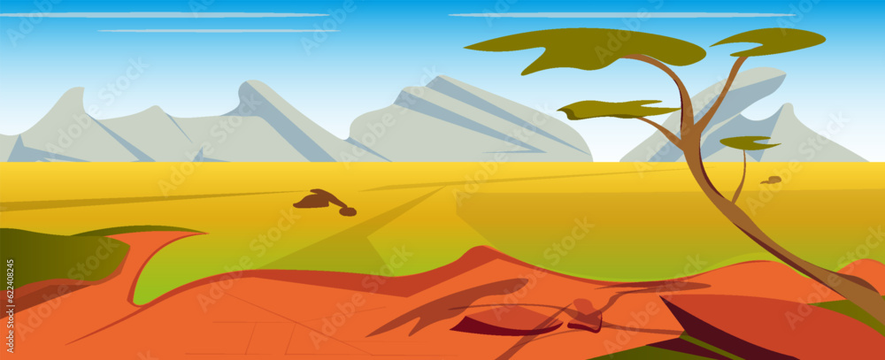 Scenery of African savanna, African wild nature, cartoon background with green trees, rocks and plain meadow under clear blue sky. Panoramic view of Kenya, parallax view, Vector illustration