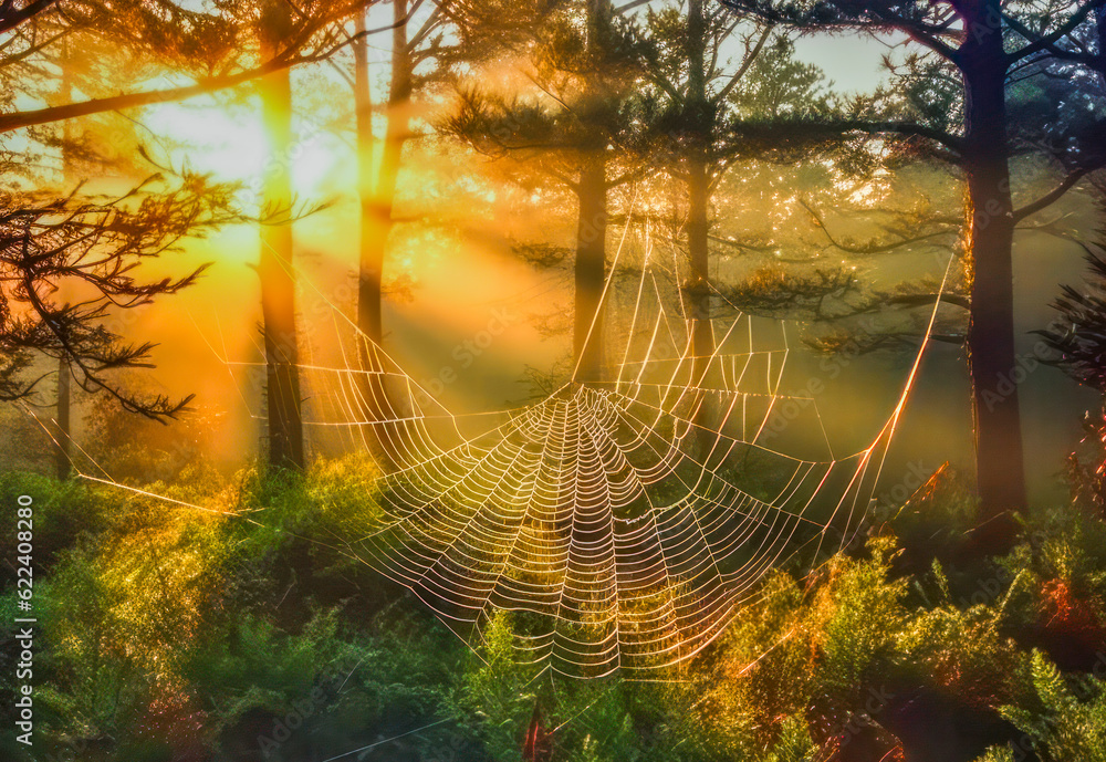 Altweibersommer, mit Tau bedecktes Spinnennetz im Morgenlicht, Herbst ...