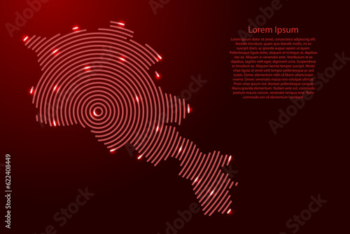 Armenia map from futuristic concentric red circles and glowing stars for banner, poster, greeting card