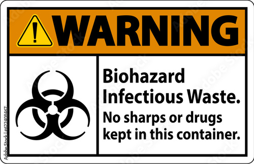 Warning Label Biohazard Infectious Waste, No Sharps Or Drugs Kept In This Container