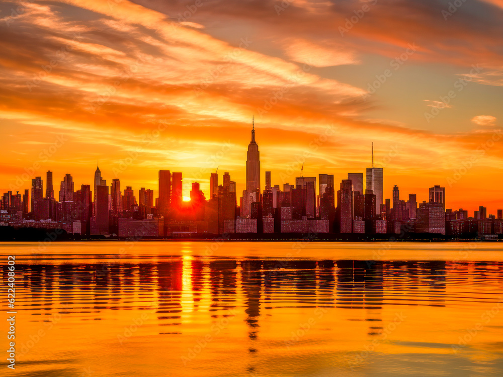 New York NYC Sonnenaufgang, Wolkenkratzer zeichnen sich als Silhouetten vor dem leuchtenden Horizont ab, Generative AI