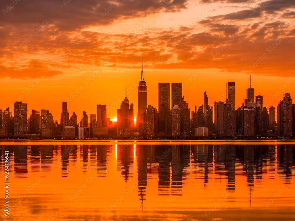 New York NYC Sonnenaufgang, Wolkenkratzer zeichnen sich als Silhouetten vor dem leuchtenden Horizont ab, Generative AI