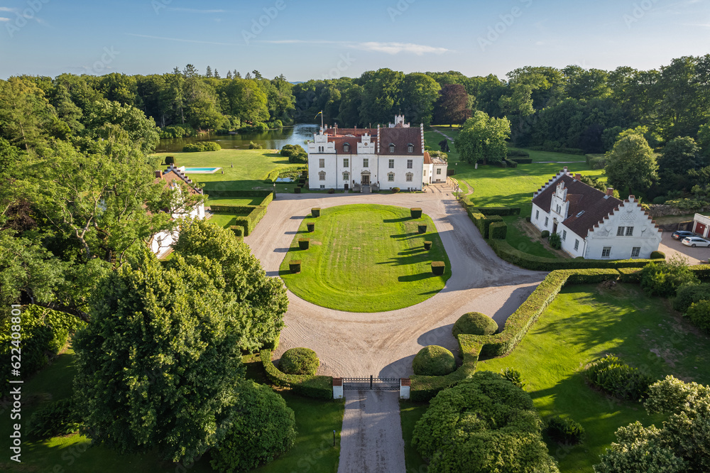 Sweden, Wanas – July 8, 2023: Aerial view of a beautiful ancient castle