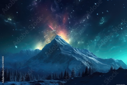 Winter scene with a majestic mountain peak, a star-filled sky, nebula and comet. Generative AI