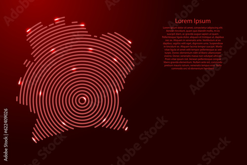 Ivory Coast map from futuristic concentric red circles and glowing stars for banner, poster, greeting card