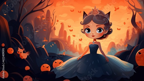 cute Halloween princess wearing beautiful gown walking in autumn forset, Generative Ai photo