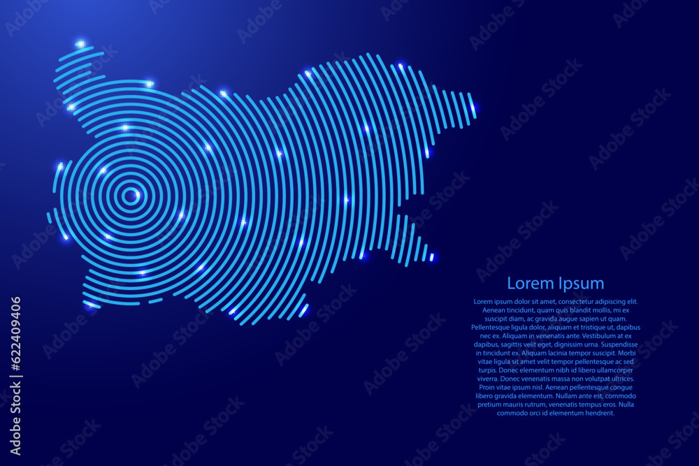 Bulgaria map from futuristic concentric blue circles and glowing stars for banner, poster, greeting card Bulgaria map from futuristic concentric blue circles and glowing stars for banner, poster, greeting card