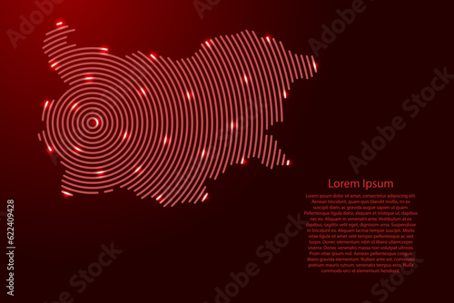 Bulgaria map from futuristic concentric red circles and glowing stars for banner, poster, greeting card