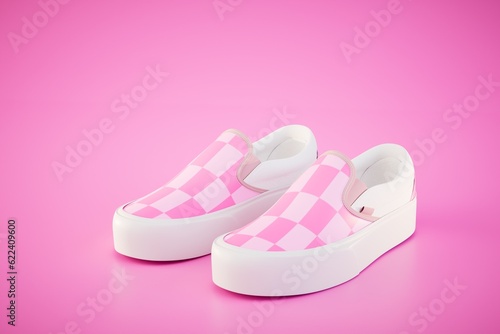 Women's checkered slipons on a pink background. 3D render photo