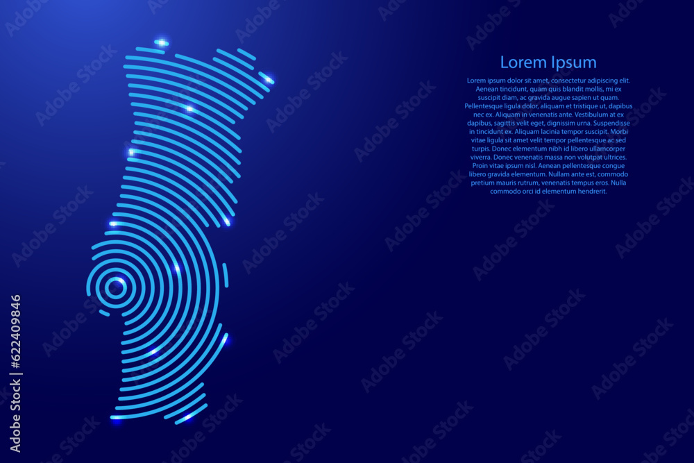 Naklejka premium Portugal map from futuristic concentric blue circles and glowing stars for banner, poster, greeting card