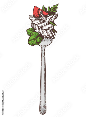 Italian pasta with tomato on a fork. Hand drawn vector illustration. Italian food. Fusilli pasta on a fork sketch. Design element.