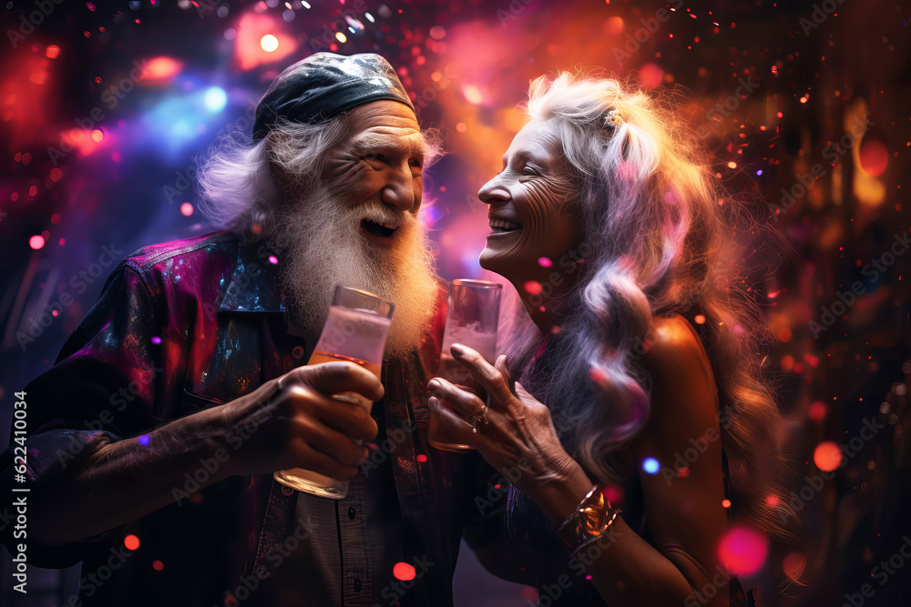 Stylish elderly couple with glasses in their hands dancing at a party. Festive bokeh background Stylish elderly couple with glasses in their hands dancing at a party. Festive bokeh background