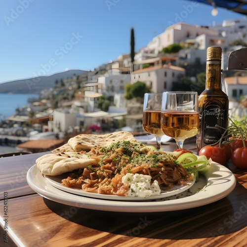 Souvlaki delicious food in the background of the beautiful greek coast